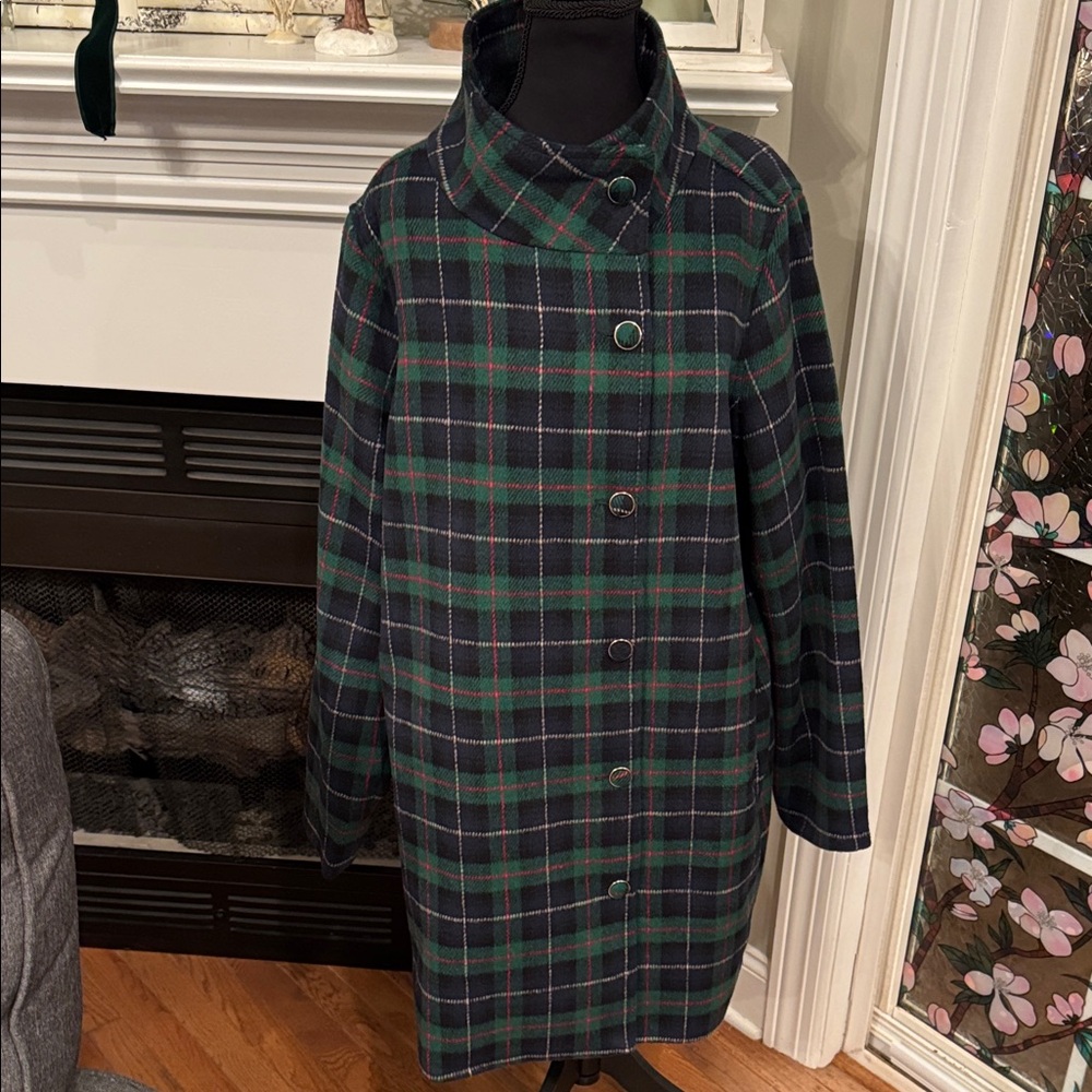Crown & Ivy - Green and Navy Plaid Pea Coat - NWT